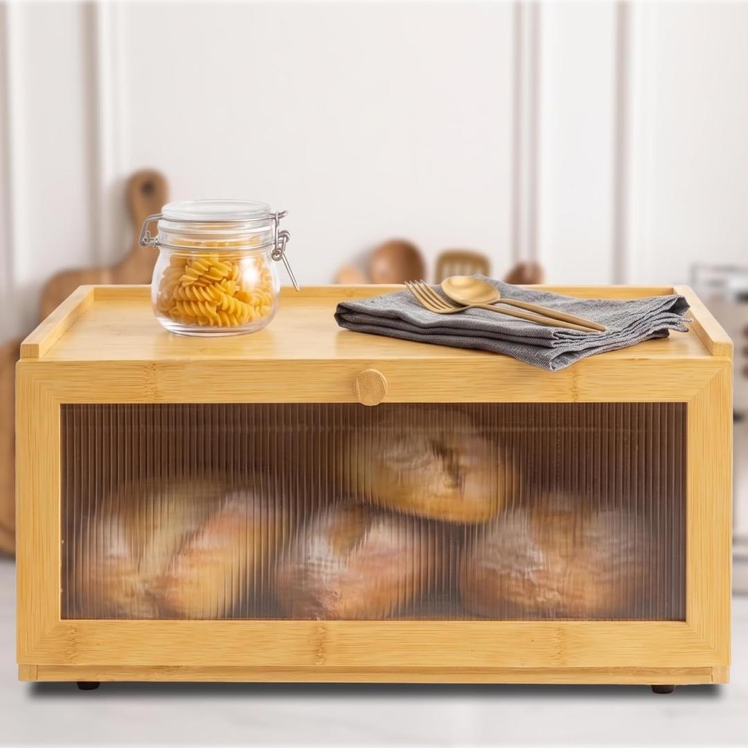 Culinary Couture Bamboo Bread Box for Kitchen Countertop - Large Capacity Storage BreadBox for Homemade Bread with Acrylic Window and Extra Top Storage