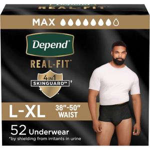 Depend Real Fit Adult Diapers, Incontinence Underwear for Men, Disposable, Maximum Absorbency, Large/Extra Large, Black, 52 Count (2 Packs of 26)
