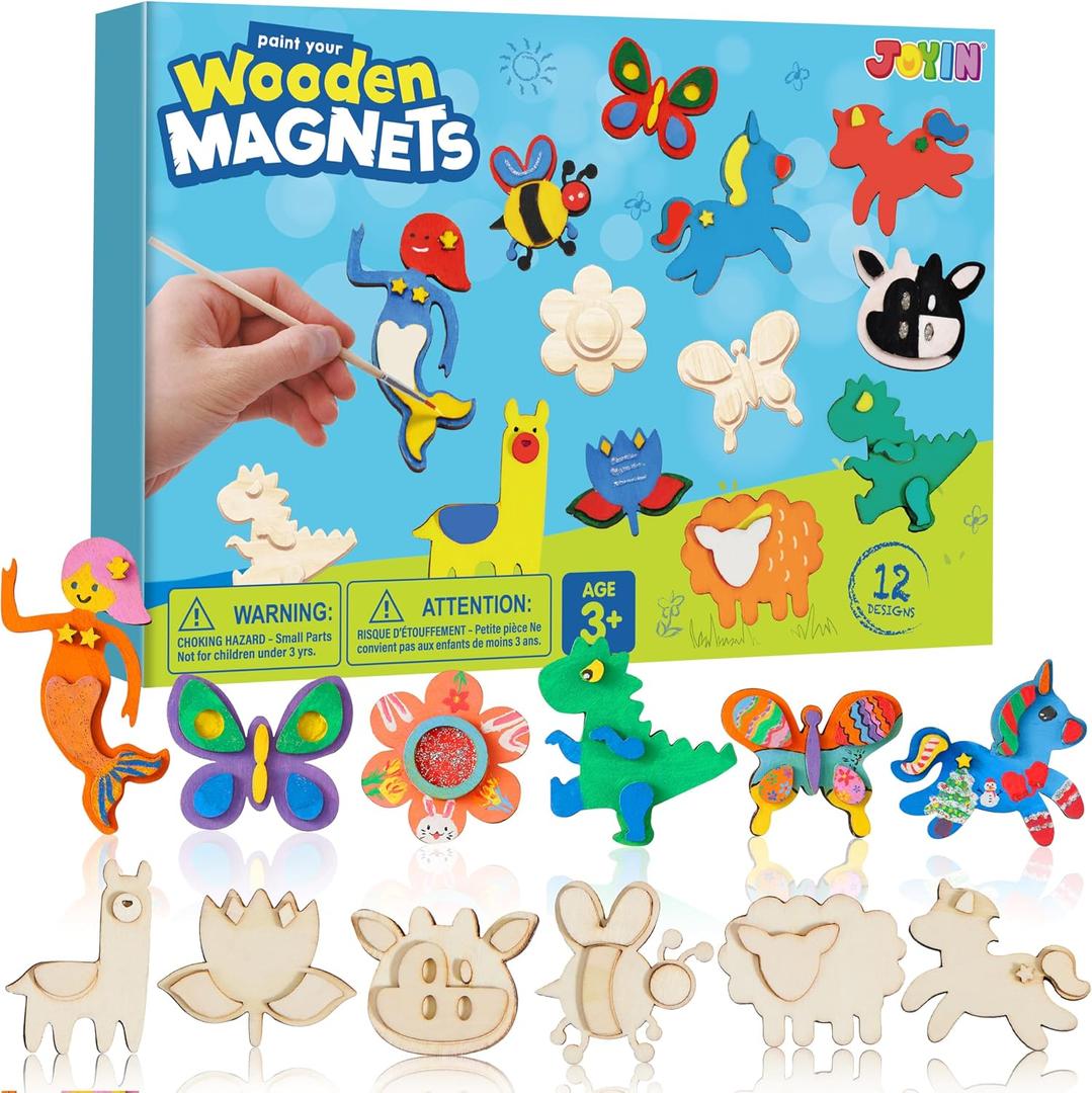 JOYIN 12 Wooden Magnet Creativity Arts & Crafts Painting Kit for Kids, Decorate Your Own Painting Gift for Easter Basket Stuffers, Birthday Parties and Family Crafts, Party Favors for Boys Girls