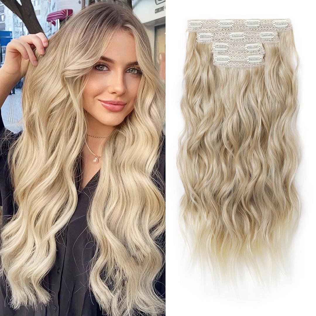 REECHO Clip in Hair Extensions, 4PCS Blonde Hair Extensions 24" Thick Long Beach Waves hair extensions HE003 Invisible Lace Weft Natural Soft Hairpieces for Women  Dark Blonde with Light Ends (Dark Blonde with Light Ends)