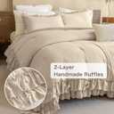 Masaca Farmhouse King Size Comforter Set,Shabby Boho Chic Bedding Ruffled Linen Feel Textured King Bed Comforter Vintage Rustic French Country Bedding Sets 3 Pieces
