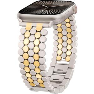 Minyee Compatible with Apple Watch Band Women 41/40/38/44/45/46/49/42mm, Dressy Honeycomb Pretty Adjustable Metal Designer Classy Wristband for iWatch Series 11 10 9 8 7 6 5 4 3 2 1 Ultra SE (Starlight/Gold)