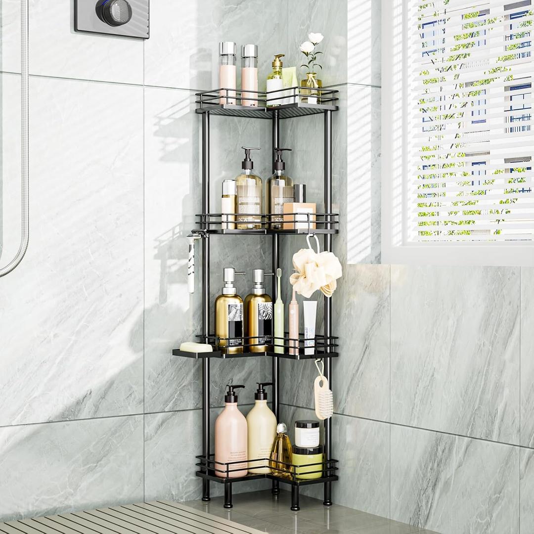 Consumest Corner Shower Caddy Standing - 4-Tier Stainless Steel Shower Organizer with Soap Holder and 4 Hooks, Large Capacity Corner Shelf Stand for Bathroom, Rest Room, Black