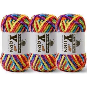 3 Pack Plush Chenille Chunky Yarn - Fluffy Velvet Yarn Crochet for Blanket Knitting and Crocheting - Soft Baby Yarns for Crocheting - Amigurumi Crochet Yarns 100g (87yds) (3 Rainbow)