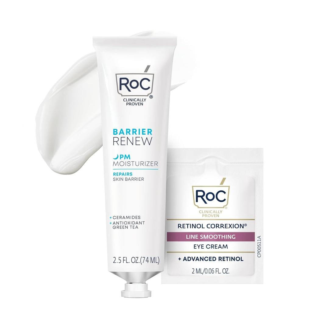 RoC Barrier Renew Night Moisturizer with Ceramides & Antioxidant Green Tea and Lipo Peptides to Renew Skin Barrier, (2.5 oz) with Retinol Eye Cream Packet