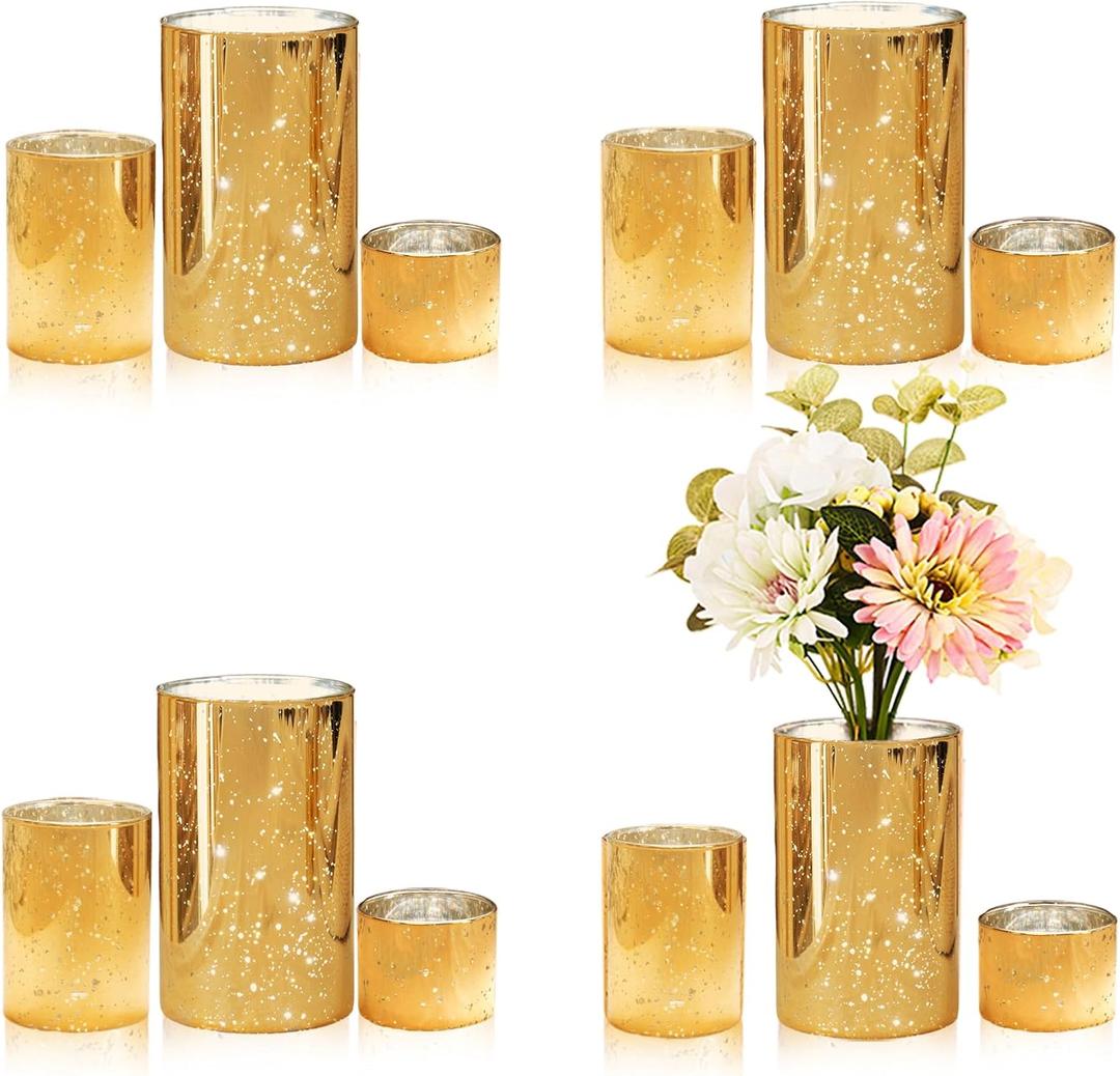 CHILL RECIPE Gold Cylinder Vases Glass Candle Holders Bulk, Mercury Hurricane Candle Holder Small Flower Vases for Centerpieces Tea Light Pillar Votive Candles Wedding Decor Party (4 Set 12Pcs)
