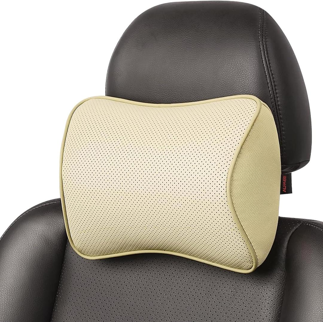 Aukee Car Headrest Pillow Memory Foam Car Neck Pillow Soft Leather Headrest for Driving Home Office Beige (1PC), Pack of 1