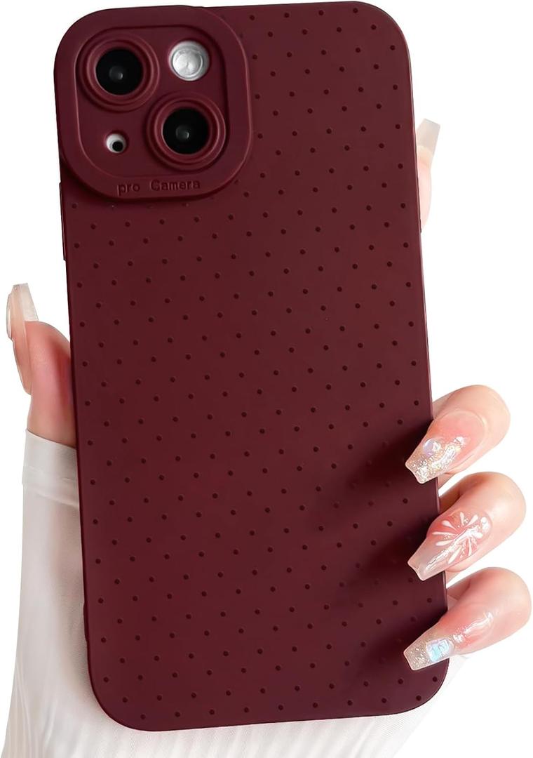 NITITOP Compatible with iPhone 14 Plus Case Cute Aesthetic Little Polka Dots Pattern Design for Women Men Girls Soft TPU Shockproof Stylish Full Camera Protective Phone Cover - Wine Red