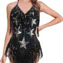 FYMNSI Women Music Festival Rave Outfits Sleeveless Sequins Tassel Bodysuit Leotards One Piece Nightclub Halloween Costume (Large, Black)