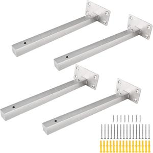 Luomorgo 4 Pcs Floating Shelf Bracket 10 Inch Shelf Brackets Heavy Duty Silver Blind Shelf Support Bracket, Stainless Steel Hidden Wall Mounted Shelf Brackets with Screws & Wall Plugs