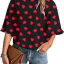 Roshop Valentines Shirts Women's Heart Blouse Dressy 3 4 Ruffled Bell Sleeve Cute Hearts Shirt (Large, Red Heart Black-x)