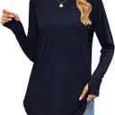 Womens Long Sleeve Tunic Tops Crew Neck Loose Casual Tee Shirts with Thumb Hole (L)