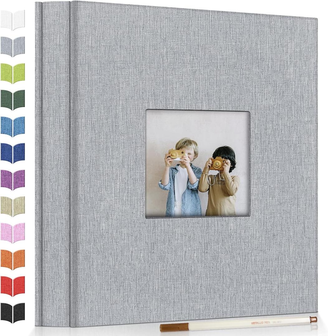 Photo Album Self Adhesive Scrapbook Album for 3x5 4x6 5x7 8x10 Pictures,60 Pages Linen Cover with Display Window DIY Photo Book, Ideal Gifts for Family Travel Wedding Baby (Grey)