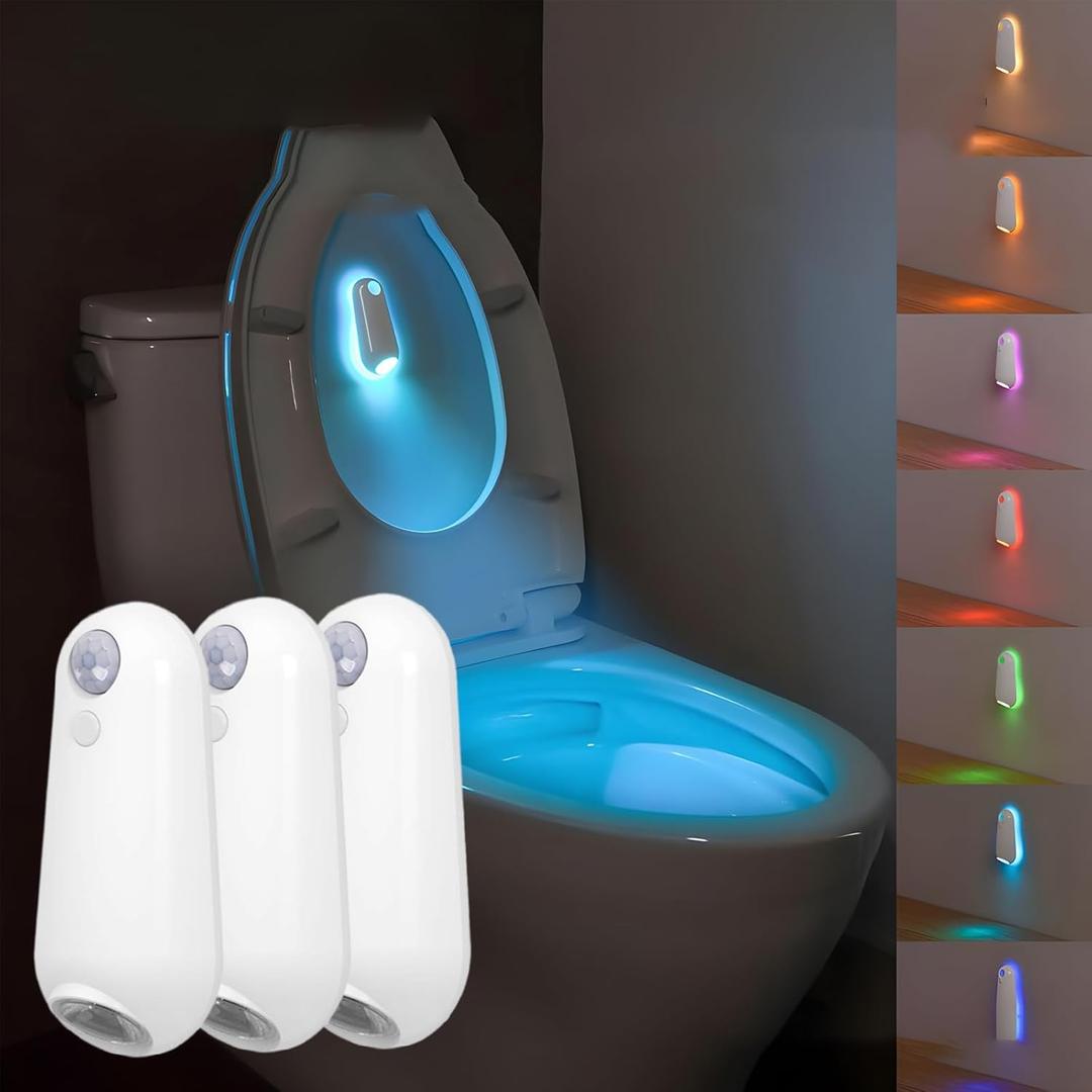 ONXE Toilet Night Light Motion Sensor, 8 Color Changing LED Wall Motion Sensor Light Indoor Bathroom Accessories Decor, Inside Toilet Lights Unique Gadgets for Men Kids Birthday Gifts 3 Pack
