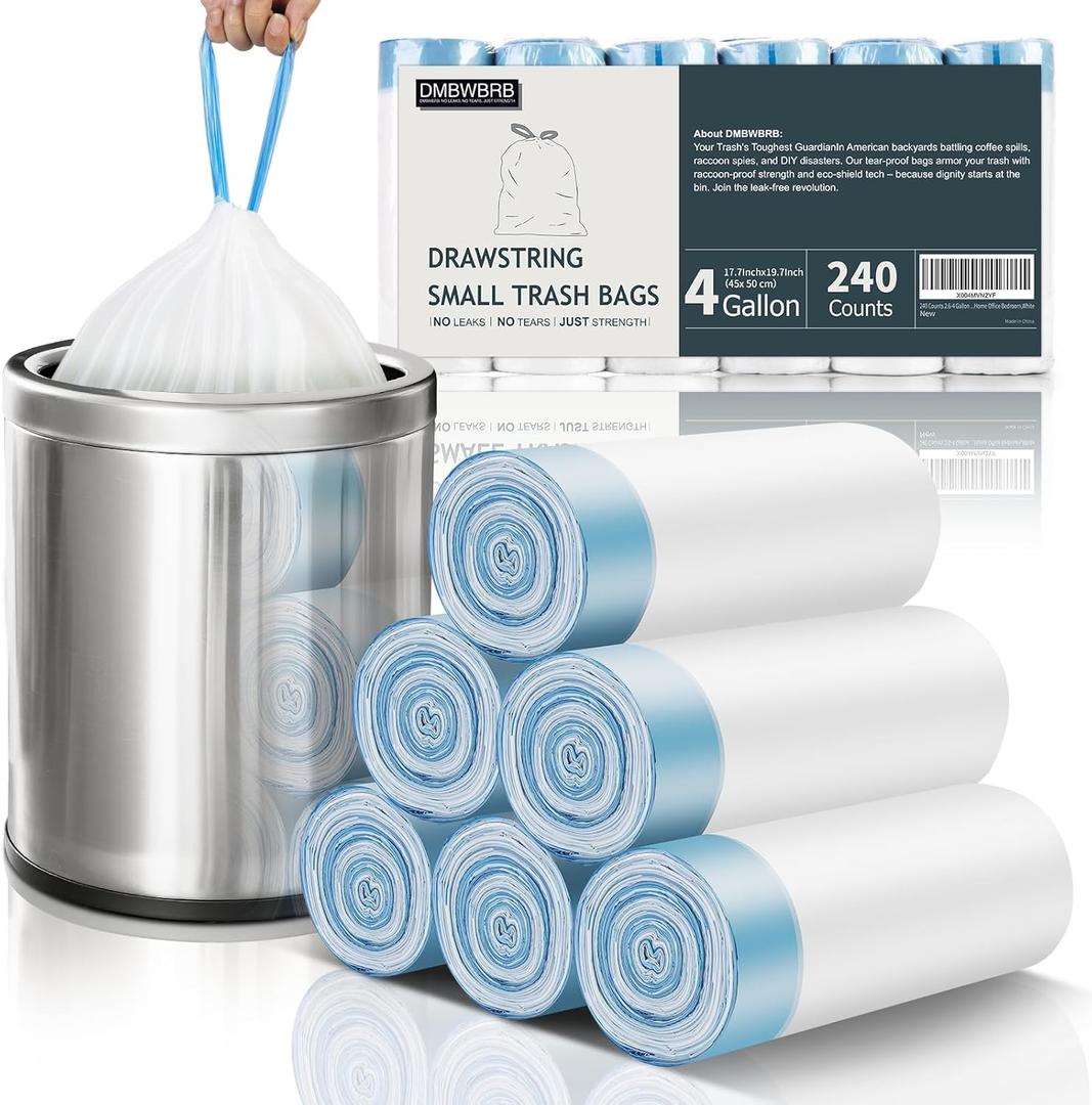 4 Gallon Drawstring Trash Bag | 240 Counts Bulk Pack | Leakproof Small Trash Bags | Unscented Small Garbage Bags | 15 Liter Mini Wastebasket can Liners for Bathroom Bedroom Office