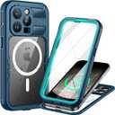Lanhiem Magnetic for iPhone 15 Pro Max Case, IP68 Waterproof Dustproof Case, [Compatible with Magsafe] [Built-in Screen Protector] Full Body Heavy Duty Rugged Phone Cover 6.7 inch, Blue/Clear