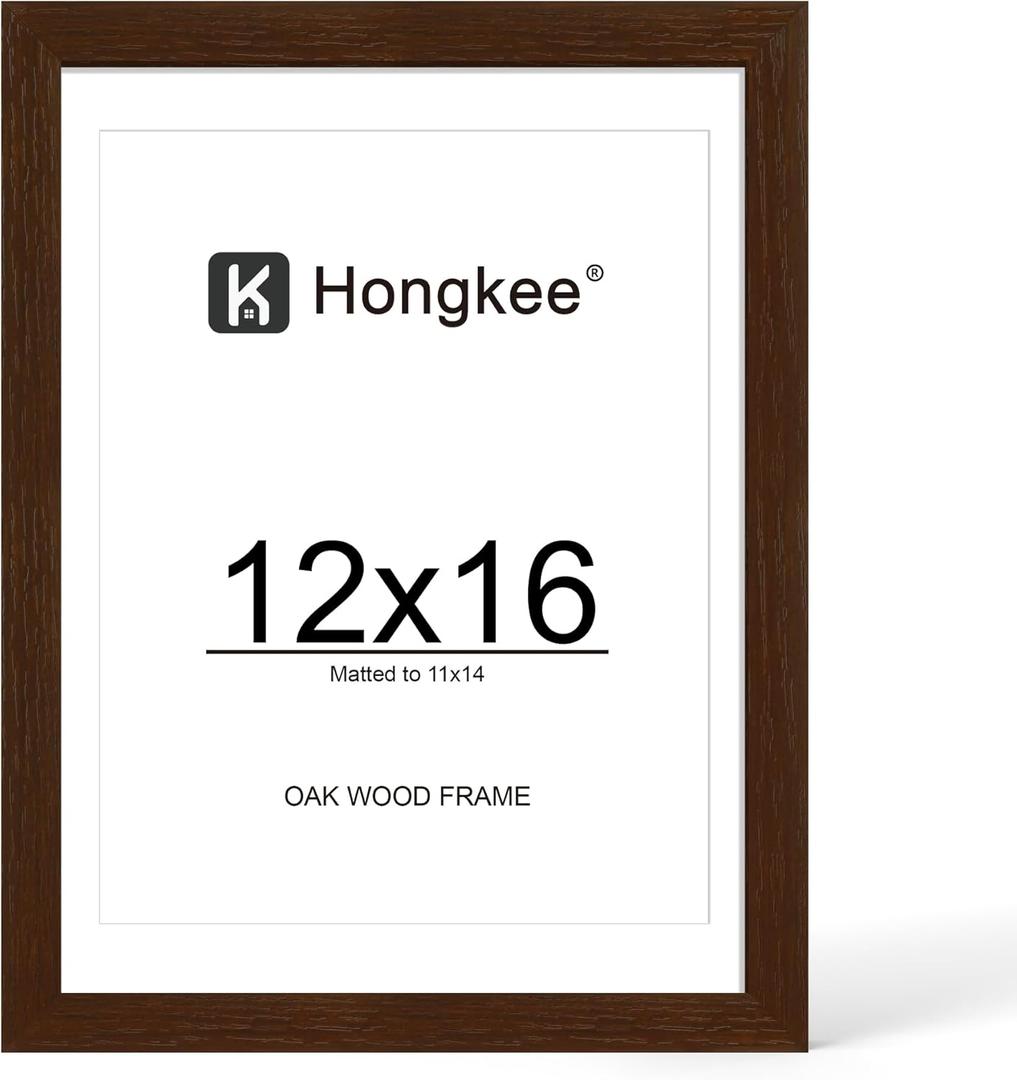 Hongkee 12x16 Oak Wood Picture Frame, Display Photos 11 x 14 with Mat or 12 x 16 without Mat - Tempered Glass Cover, Horizontal and Vertical Display for Wall Mounting (Walnut, Set of 1)