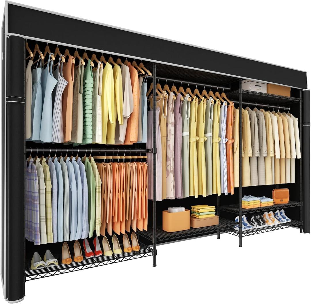 Ulif E13C Max Heavy Duty Closet Organizer Systemï¼ŒFreestanding Clothing Racks for Hanging Clothesï¼ŒAdjustable Garment Rack 86" W x16 D x77 H Hold 1100 lbsï¼ŒBlack Rack with Black Dustproof Cover