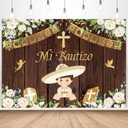 InMemory Newborn Mi Bautizo Backdrop Wood White Flower Gold Boy God Bless First Holy Communion Baptism Party Decorations Banner Photography Background Photo Booth Props 8x6ft