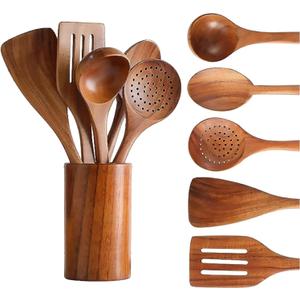 6 PCS Wooden Cooking Utensils Set, Wooden Spoons for Cooking, with Utensils Holder, Comfort Grip, Ideal for Nonstick Cookware