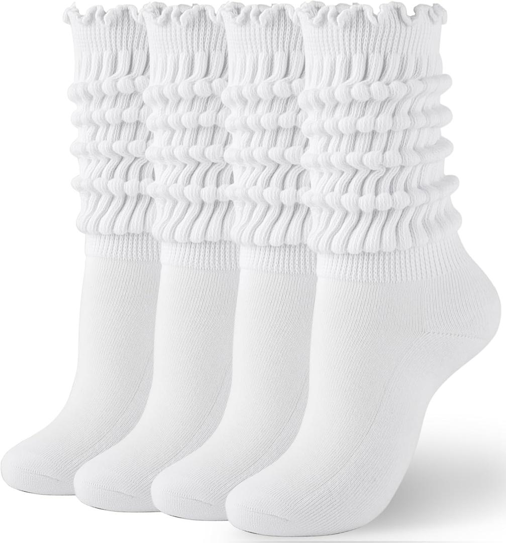 HONGTEYA Ruffle Socks for Women Cotton Slouchy Knee High Calf Crew Socks for Boot Sneakers Workout (Size 5-11, 2pairs White)