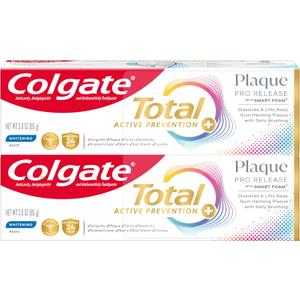 Colgate Total Plaque Pro Release Whitening Toothpaste Pack, Whitening Fluoride Toothpaste, Fights Plaque, Bad Breath, Tartar Buildup, and Helps Protect Teeth from Sensitivity, 2 Pack, 3.0 oz