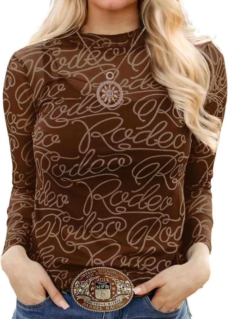 Urchics Womens Mock Neck Mesh Tops Western T Shirts Long Sleeve Layering Tops See Through Trendy Outfits Going Out Tops (X-Large, Rodeo-brown)