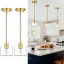 Brushed Gold Pendant Lights Kitchen Island 2 Pack, Modern Clear Glass Hanging Light Fixtures with Rods, Mini Kitchen Pendant Lighting Over Island for Sink Bathroom, OS-YQ8153-2PBGC