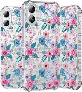 Hocase for iPhone 16 Plus Case, with [Curly Wave Edge & Shiny Design] [Compatible with MagSafe] [Reinforced Corners] Slim Fit Shockproof Protective Phone Case - Purple Pink Flowers