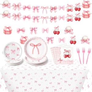 Coquette Pink Bow Party Decoration Set - Serves 24- 112Pcs Bowknot Bachelorette Bridal Themed Tableware Disposable Plate Napkin Tablecloth Banner Card for Birthday Party Supplies