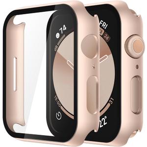 Misxi 2 Pack Tempered Glass Case Compatible for Apple Watch SE 3 (2025) SE 2 SE Series 6 Series 5 Series 4 44mm, Hard PC Screen Protector Protection Cover for iWatch, 1 Rose Gold + 1 Transparent