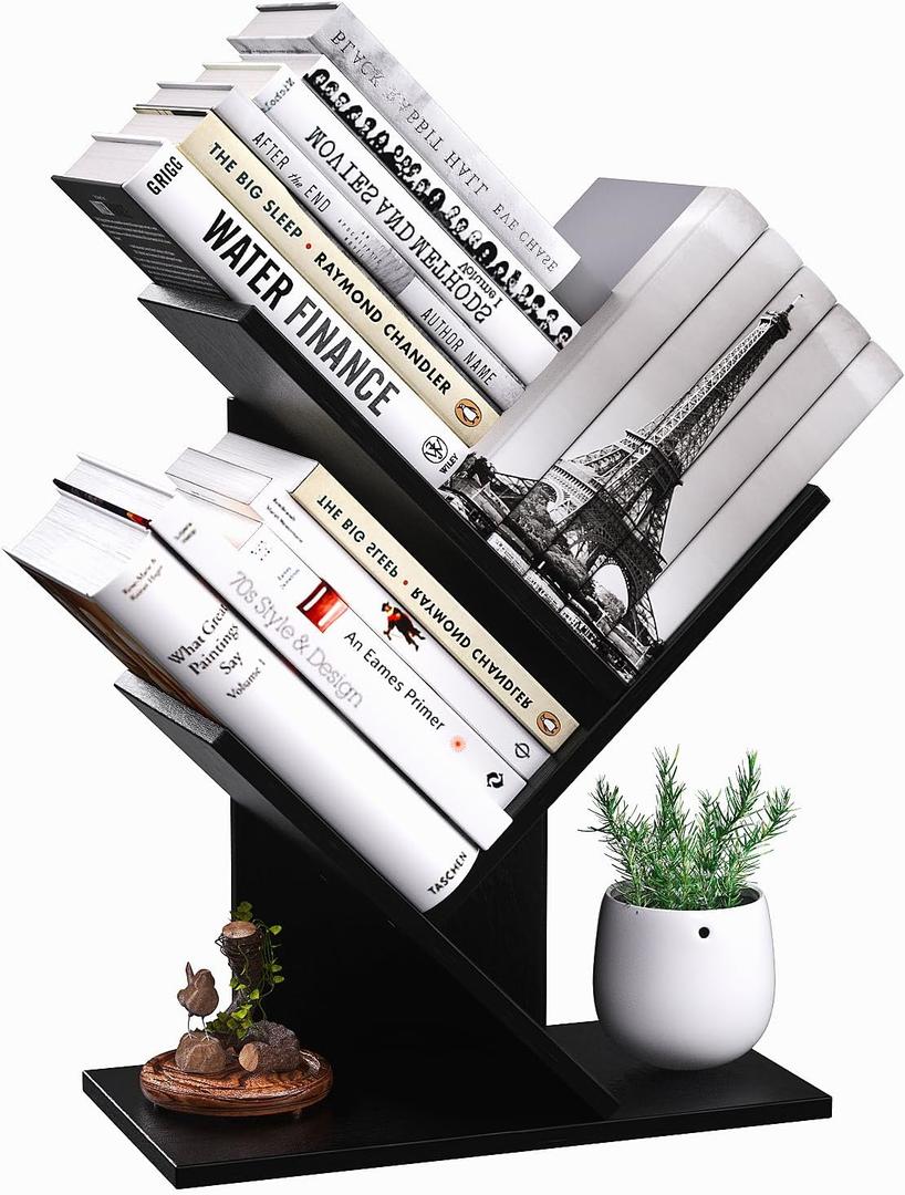 R RUISHENG 3 Tier Small Tree Bookshelf Storage Organizer Shelves Floor Standing Bookcase Desk Wood Storage Rack for Home Office Living Room Bedroom Display for Book Magazine CD Manga Black