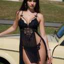 Plus Size Women Sexy Lingerie Set Lace Babydoll Strap Chemise Nightgown Sleepwear Side Slit Nightdress with Panty (Black, XXL)