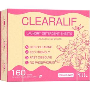 Laundry Detergent Sheets Up to 160 Loads, Fresh Flower - Great For Travel,Apartments, Dorms,CLEARALIF Laundry Detergent Strips Eco Friendly & Hypoallergenic - 80 Sheets
