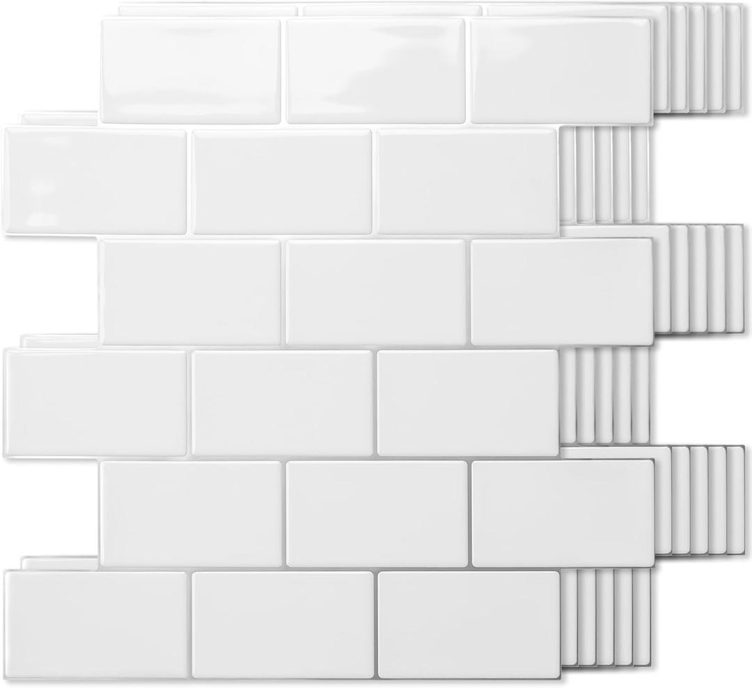 Art3d Peel and Stick White with Silver Grout Wall Tiles 10-Pack of 12 x12 Thickened Design Backsplash, Self-Adhesive Tile for Kitchen & Bathroom Decor