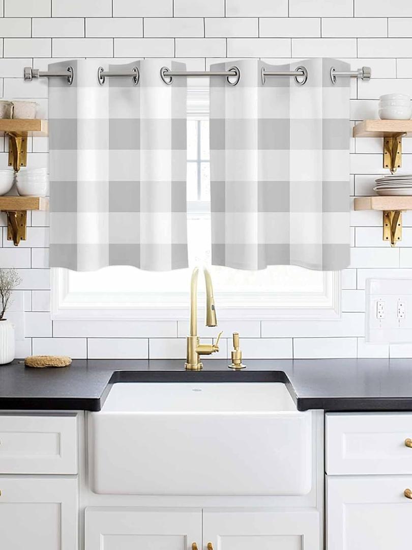 Grey White Buffalo Check Blackout Window Curtains 39 Inch Length 2 Panels Set, Rustic Plaid Grommet Top Window Curtain for Living Room/Kitchen, Modern Geometric Thermal Insulated Drapes 27.5 x 39 In