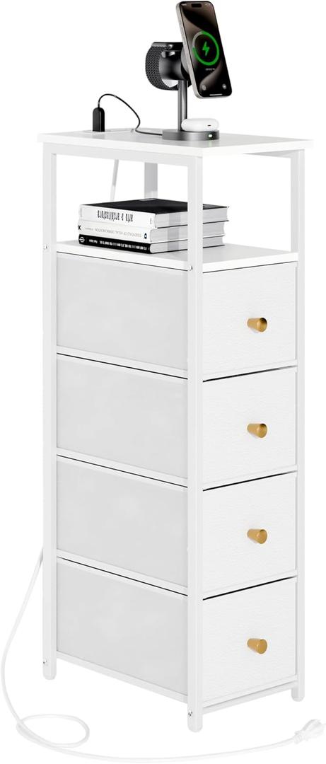 Narrow Storage Cabinet for Small Spaces Slim Bathroom Dresser with Drawers Tall Thin Storage Organizer for Bathroom Bedroom Skinny Cabinet (White, 4 Drawers with Charging Station)
