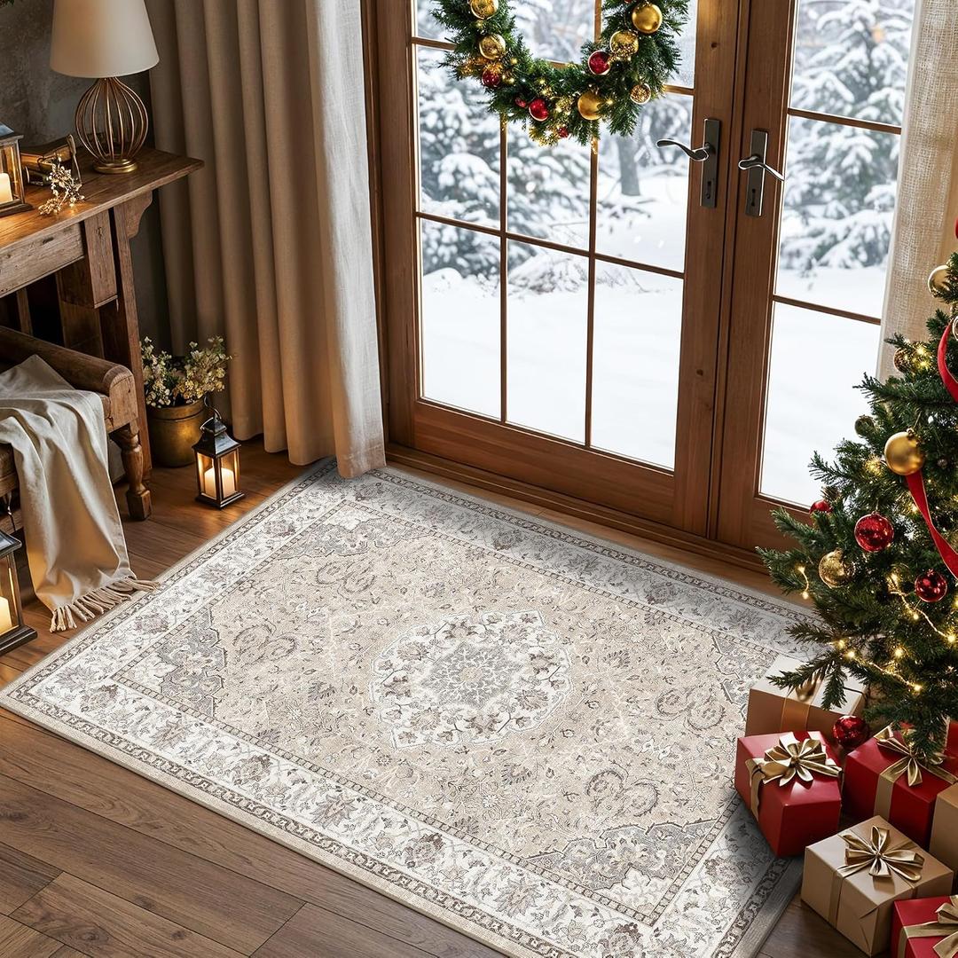 Washable Hallway 3x4 Floor Mats: Farmhouse Non-Slip Kitchen Sink Area Rug Water-Resistant Small Carpet for Living Room Bathroom Thin Soft Doormat Easy-Clean Decorative Rug for Pets Family(3x4,Beige)