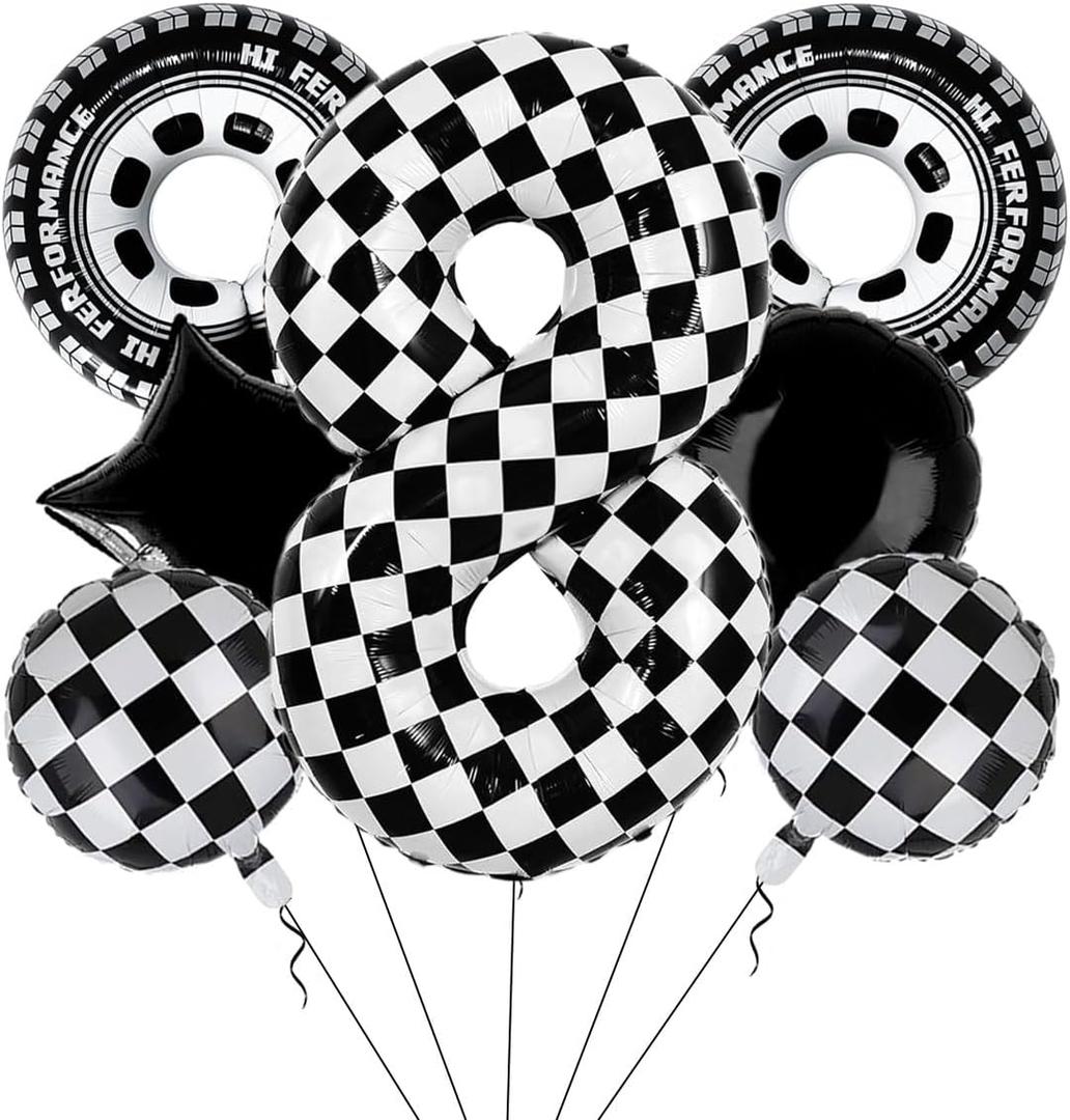2 x 40 Inch Checkered Number 8 Balloon Large Black and White Race Car Birthday Balloons Inflatable Tire Balloons for 8th Birthday Racing Theme Party Decorations Supplies 7 Pcs, 7 Count