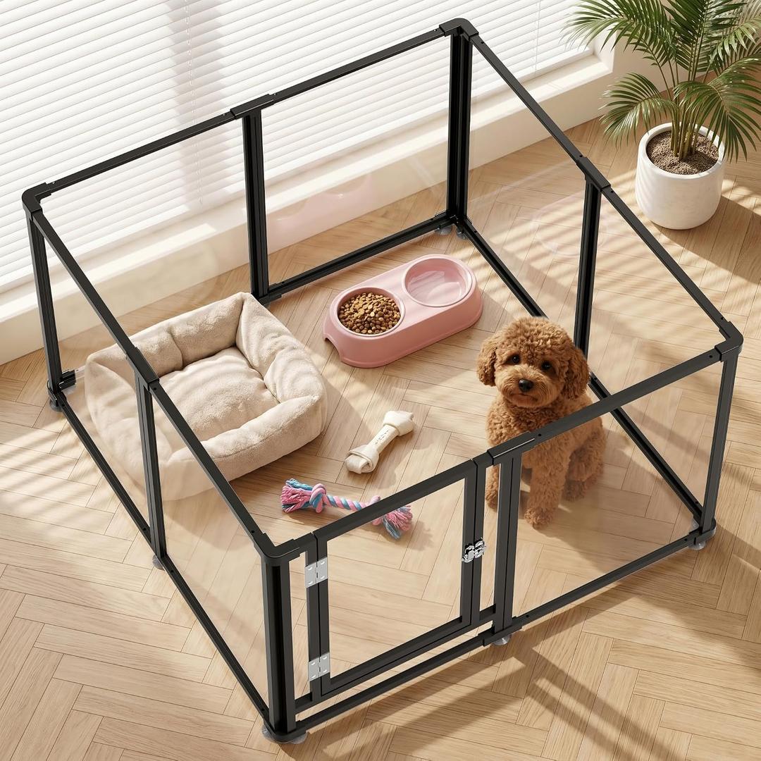 Clear Acrylic Dog Play Pen Indoor Pet Enclosure for Small Dogs & Cats, Outdoor Use with Door, Easy Assemble & Cleaning