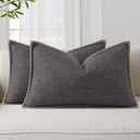 decorUhome Summer Decorative Throw Pillow Covers 12x20 Set of 2 Lumbar Faux Linen Farmhouse Pillow Covers with Stitched Edge Outdoor Neutral Pillow Covers for Couch Sofa Living Room, Dark Grey