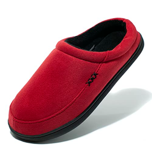 NewDenBer Men's Warm Memory Foam Suede Plush Fleece Lined Slip on Indoor Outdoor Clog House Slippers (11-12 D(M) US, Red/Black)