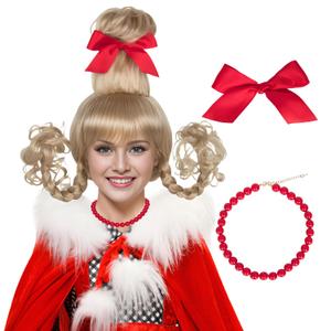Christmas Blonde Wig with Red Bow and Necklace Girls Women Long Braids Christmas Costume Wig Accessory