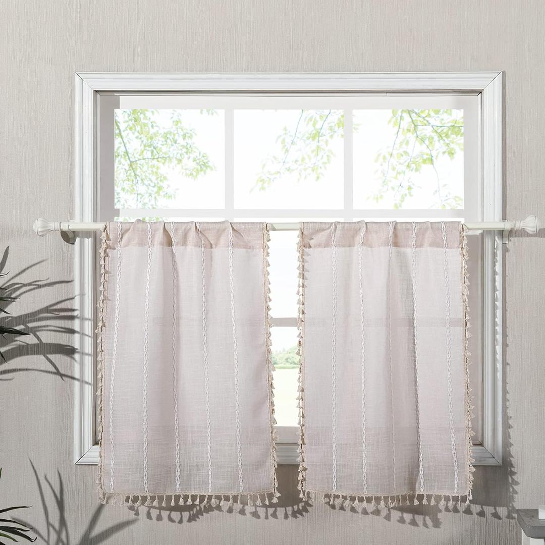 RoomTalks Boho Kitchen Curtains 36 Inch Length French Striped Farmhouse Vintage Chic Textured Tassel Short Cafe Curtains for Small Window Kitchen Bathroom Bohemian Decor (36L x 24W, Beige)