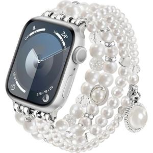 V-MORO Compatible with Apple Watch Band Pearl Series 10(42mm)/9/8/7 41mm/40mm Women Fancy Beaded Elastic Bracelet Bling Jewelry Strap for iwatch SE Series 6/5/4/3/2/1 Pure White,for 5.5"-6.2" Wrist (M-38mm/40mm/41mm/42mm(series 10), Pearl White)