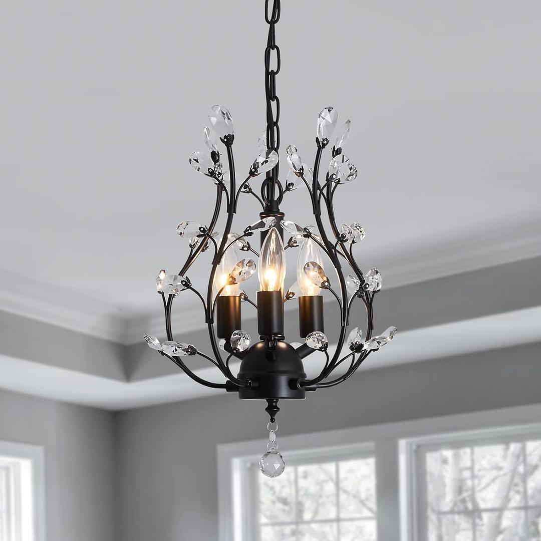 CVKASH 3 - Light Branch Crystal Chandelier Small Flush Mount Vintage Pendant Hanging Lighting Farmhouse Light Fixture for Bedroom Porch Dining Room Kitchen Hallway Foyer(Matte Black)