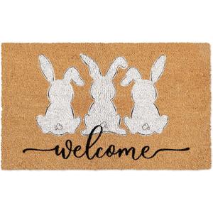 Whaline Easter Doormat Natural Coir Welcome Floor Mat White Bunny Rabbit Rectangle Entrance Door Rug for Indoor Outdoor Home Bathroom Decor, 16.5 x 29 Inch