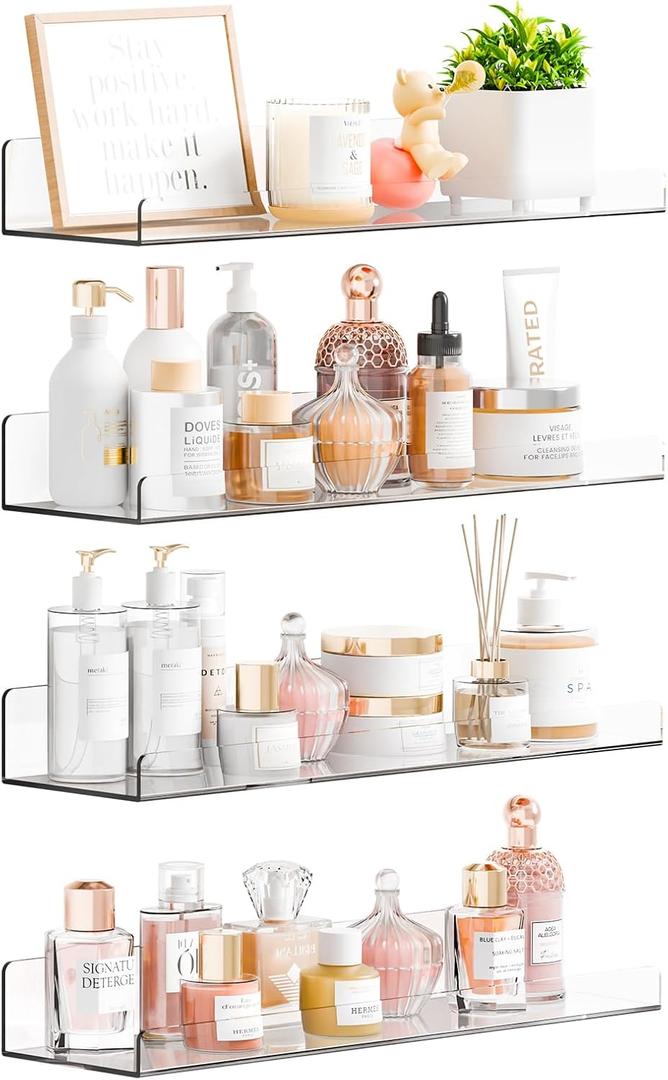 Yieach 4 Pack 15" Acrylic Shelves for Wall,Bathroom,Bedroom - with Adhesive - No Drilling Clear Floating Shelves for Funko Pop,Lego,Action Figures,Nail Polish,Perfume Shelf and Wall Storage & Display