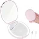 Compact Mirror with Light, Portable Small Foldable Makeup Compact Mirrors with 1X 5X Magnification, USB Rechargeable Travel Magnifying Make Up Pink Mirrors with 3 Color Lighting for Purse Pocket (White)