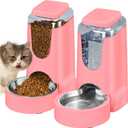 Automatic Cat Feeder and Water Dispenser with Stainless Steel Bowl Dog Gravity Food Feeder and Waterer for Small Medium Pets Puppy Kitten 1 Gallon x 2 (Pink3.8L*2)